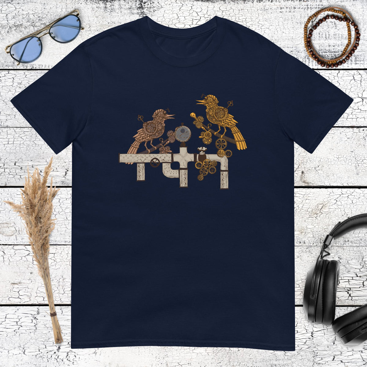 Industrial steampunk bird artwork printed on a navy blue t-shirt