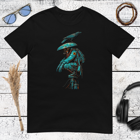 Mechanical raven graphic with cyberpunk details printed on a black t-shirt