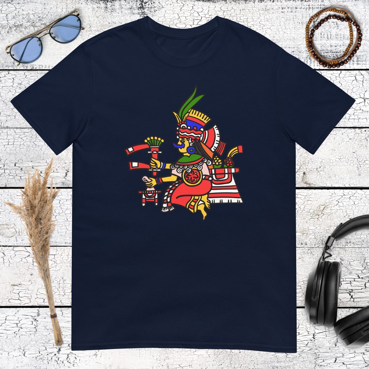 Detailed Aztec warrior illustration with tribal symbols on a navy blue t-shirt