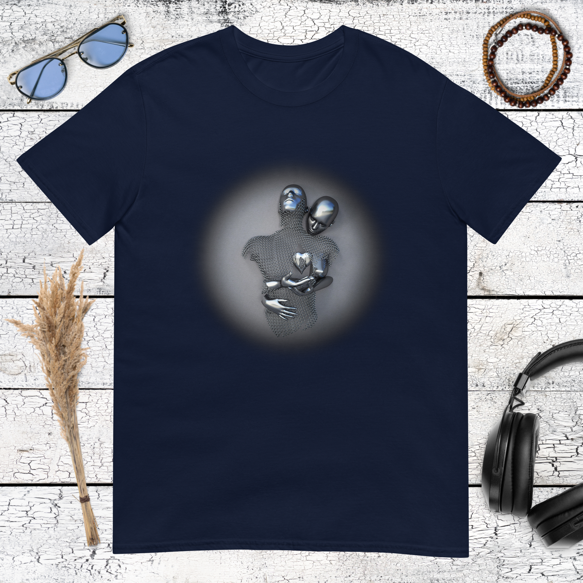Futuristic metallic embrace graphic printed on a navy blue t-shirt
