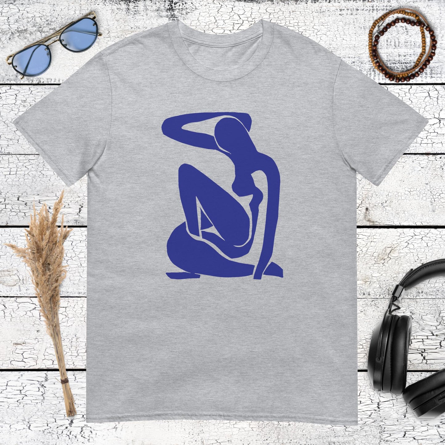 Aesthetic blue cutout style figure drawing on a sport grey unisex t-shirt