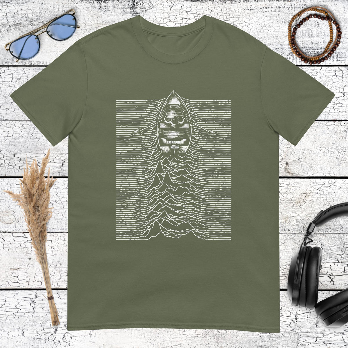Retro boat illustration with musical waveform lines on a military green t-shirt