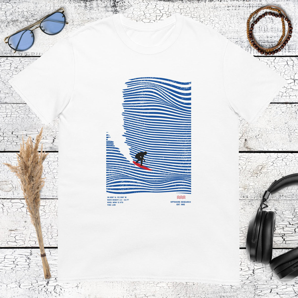 Lone surfer riding blue abstract waves on a white cotton t-shirt