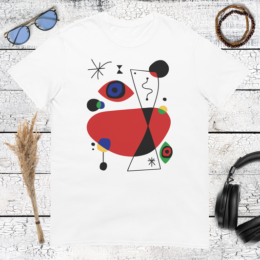 Colourful Miró-inspired abstract geometric art graphic printed on a white t-shirt