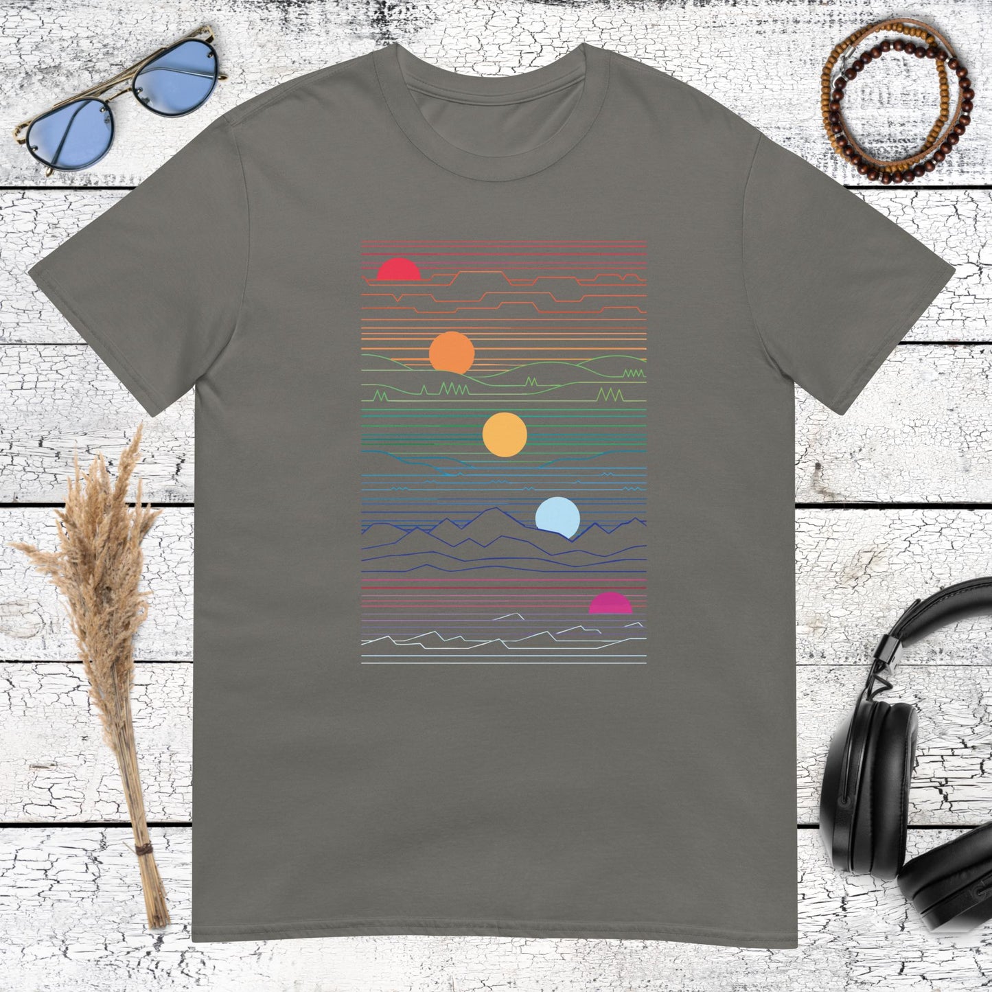 Colorful geometric sun and linear waves design on charcoal grey shirt
