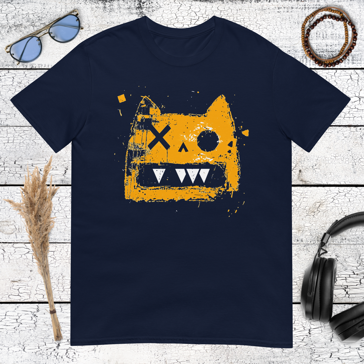 Abstract graffiti cat head illustration inspired by Basquiat on a navy blue t-shirt