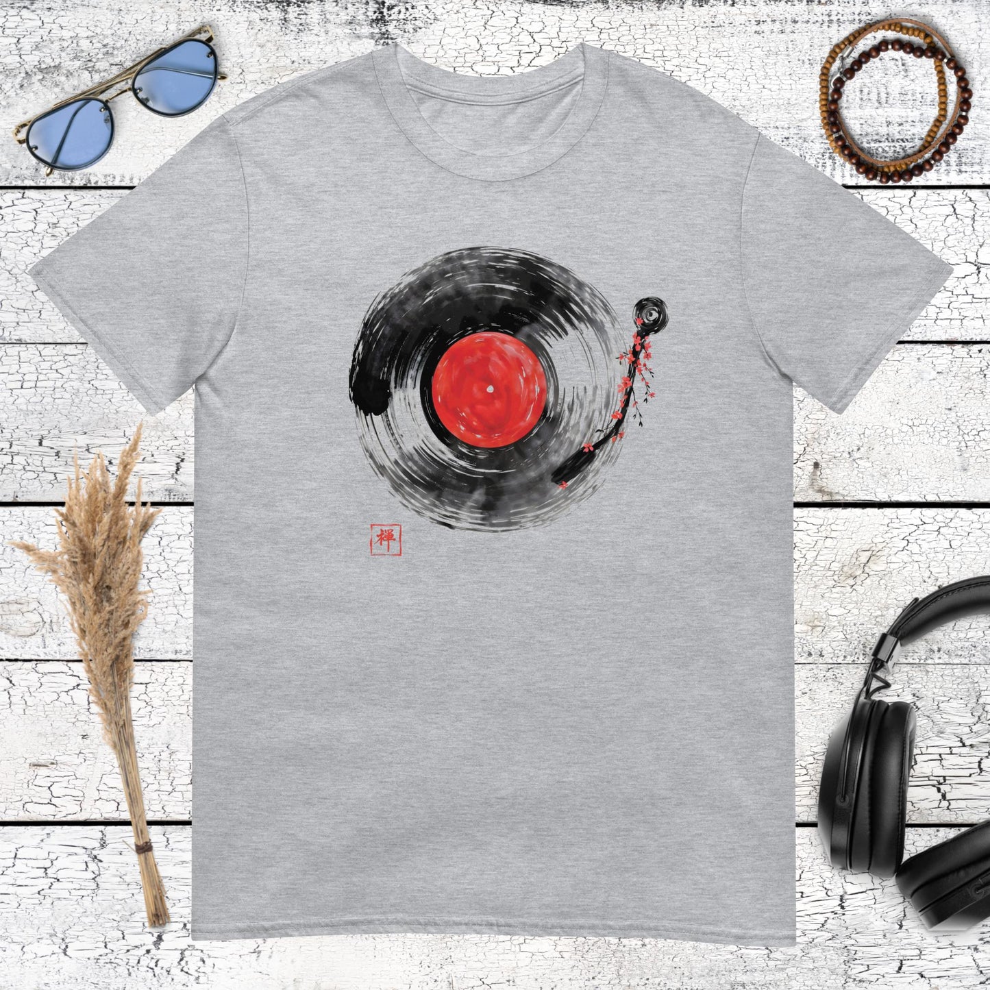 Abstract black brush stroke vinyl record design on sport grey t-shirt