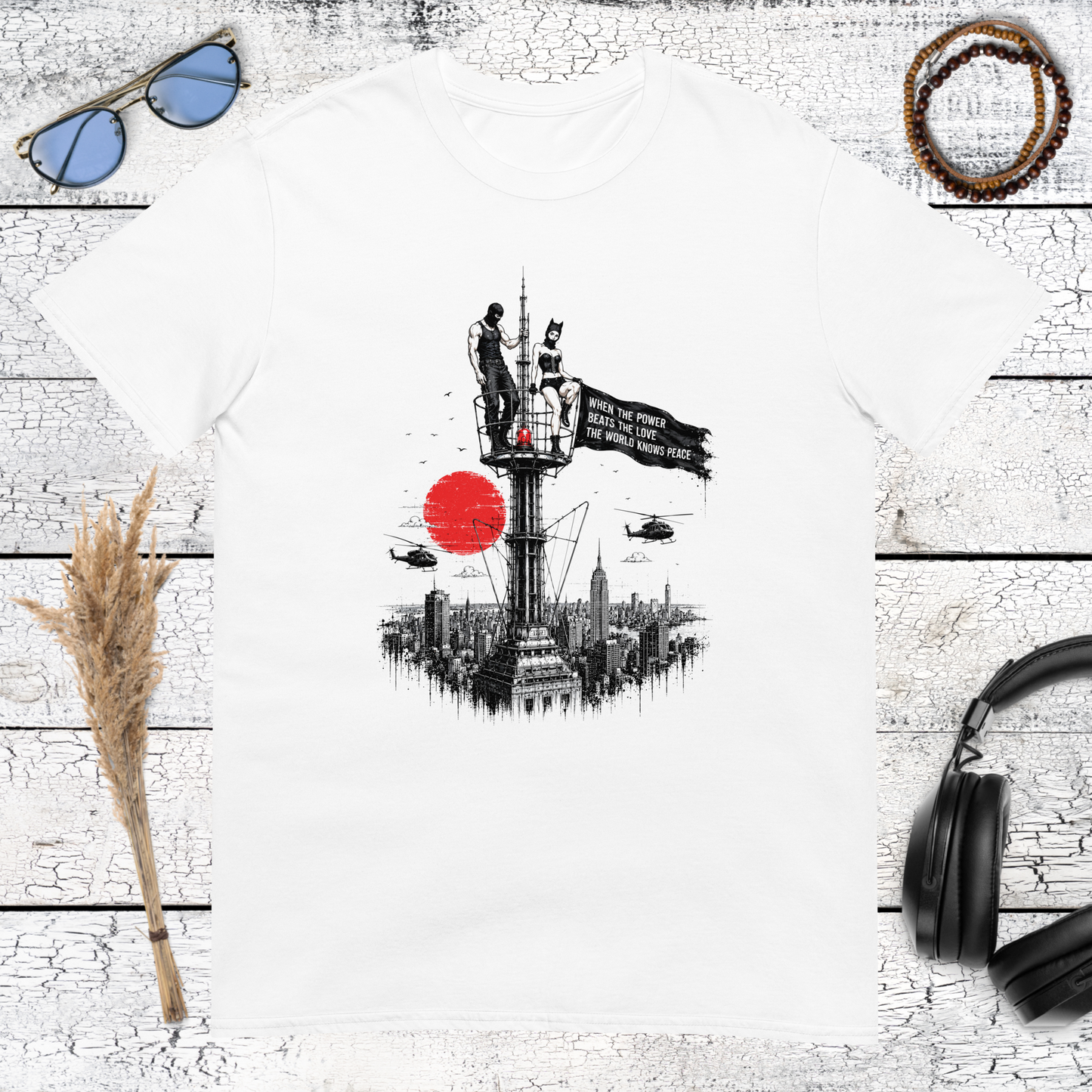 Clean white t-shirt featuring a giant cat climbing skyscrapers graphic