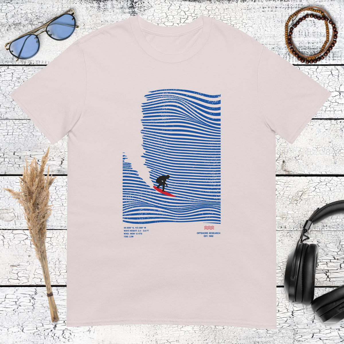 Abstract blue sea waves and surfer graphic on ice grey t-shirt