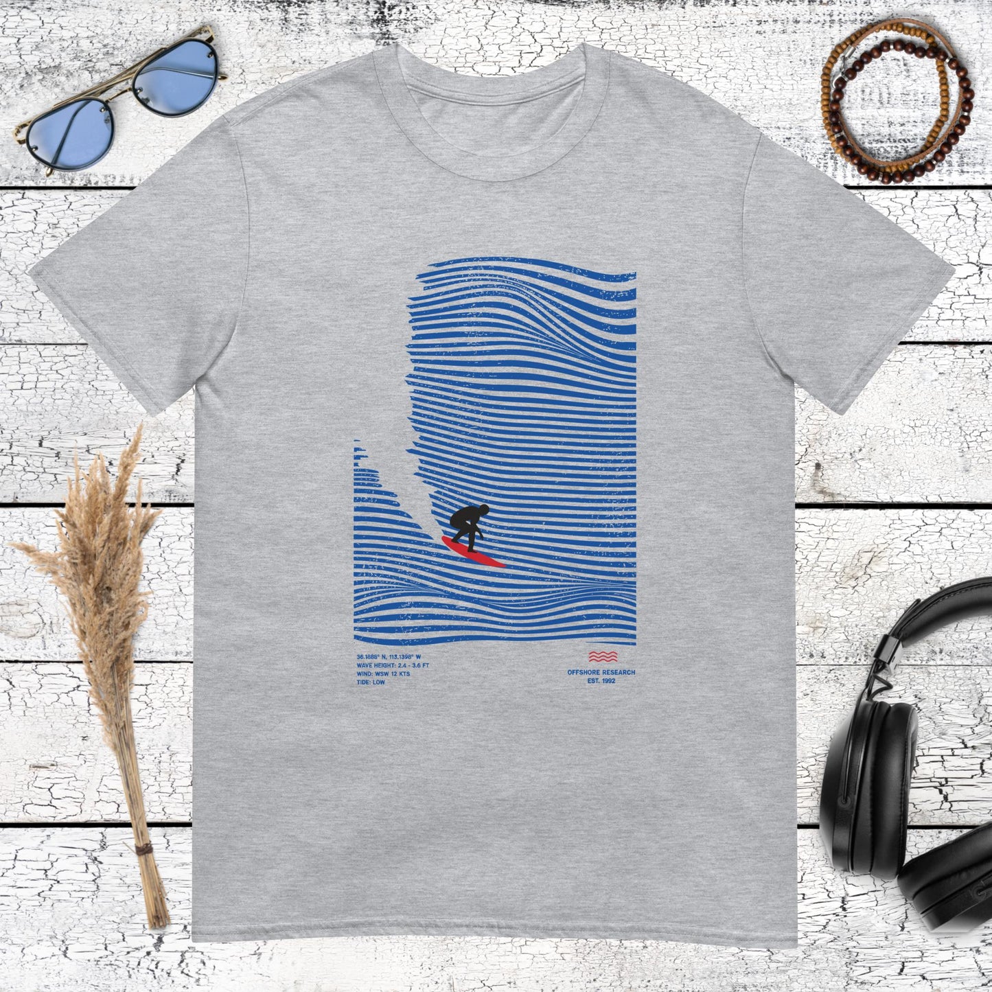 Abstract blue sea waves and surfer graphic on sport grey t-shirt