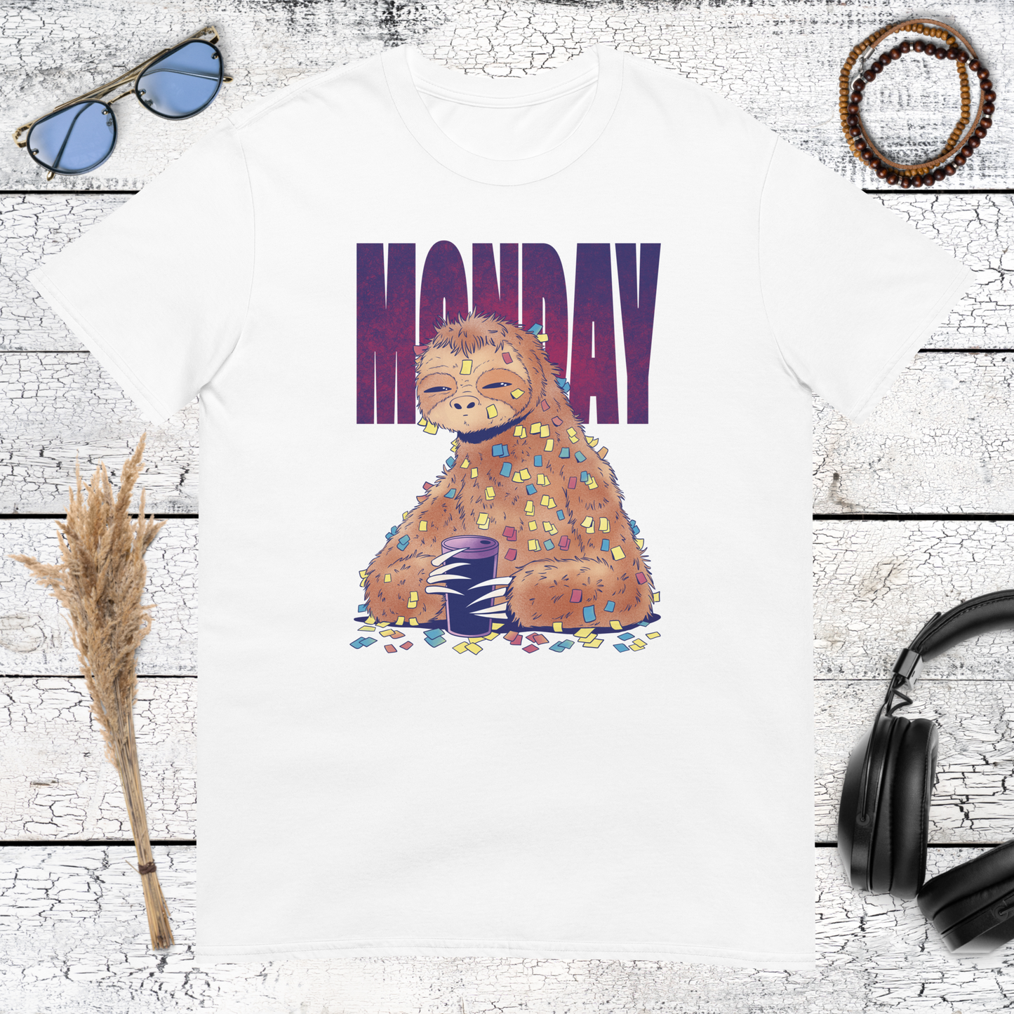 Vibrant and funny sloth illustration with a coffee cup and Monday text on a white t-shirt