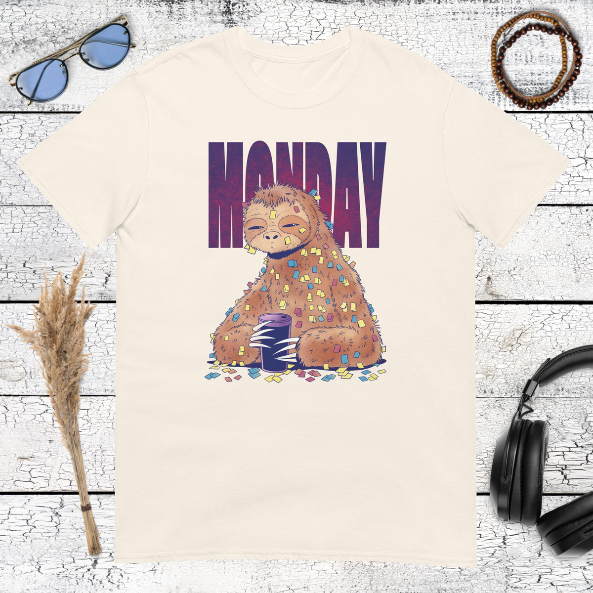 Cute sloth holding a coffee mug with retro Monday text on a natural cotton t-shirt
