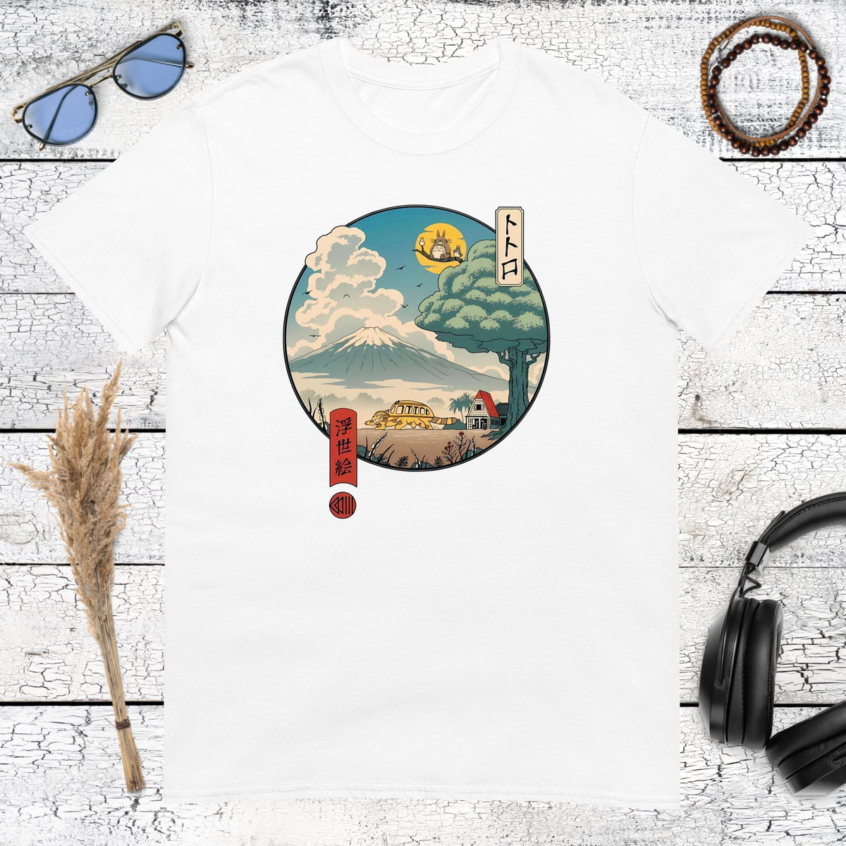 Detailed Japanese scenery with Totoro and cherry blossom details on a classic white t-shirt