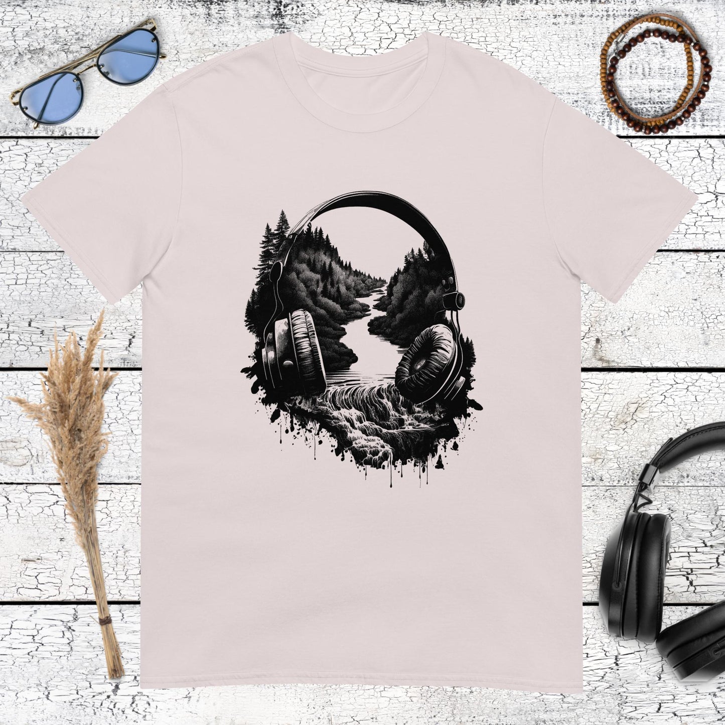 Surrealist landscape music art with headphones and forest details on a light ice grey t-shirt