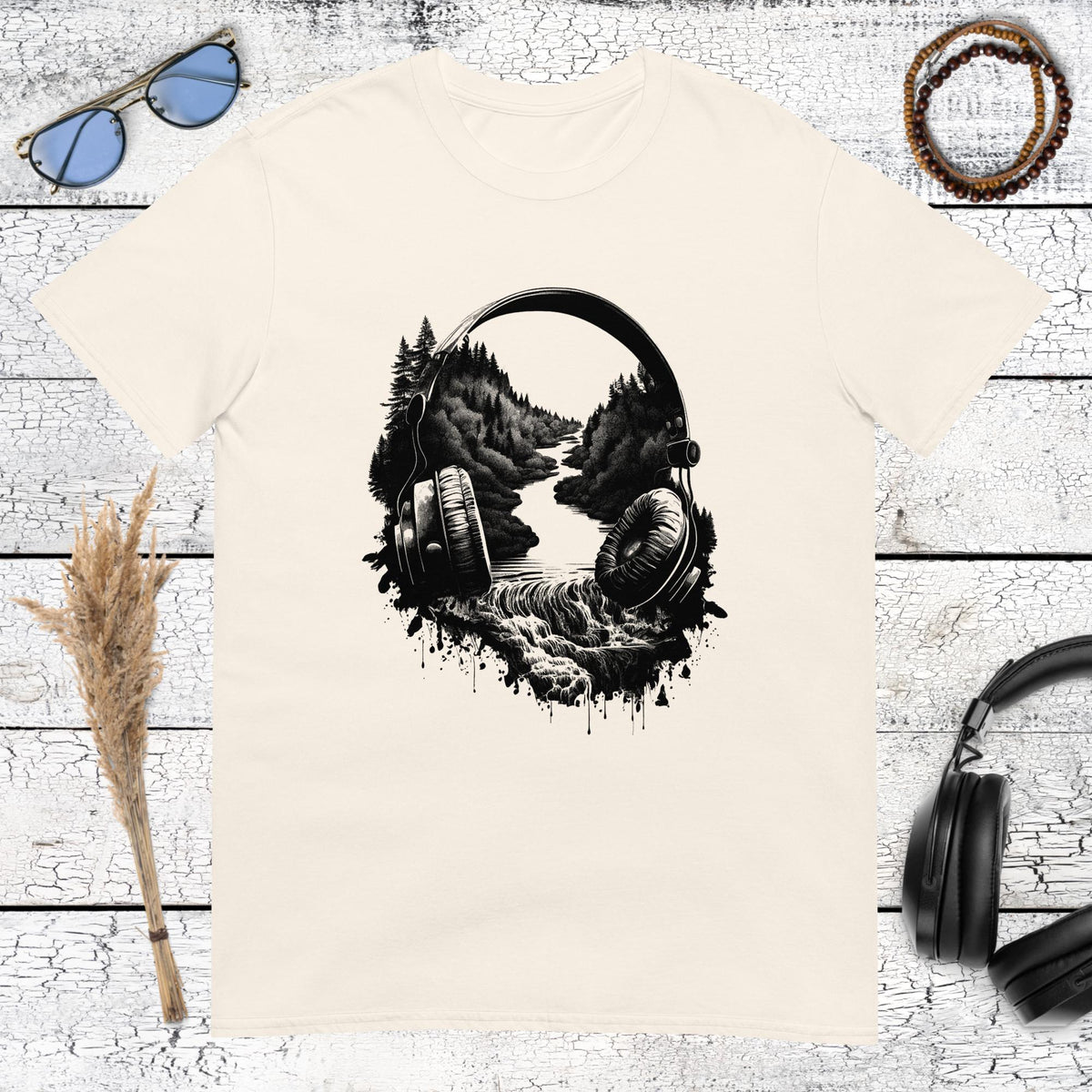 Surreal black and white illustration of mountains and forest inside headphones on a natural t-shirt