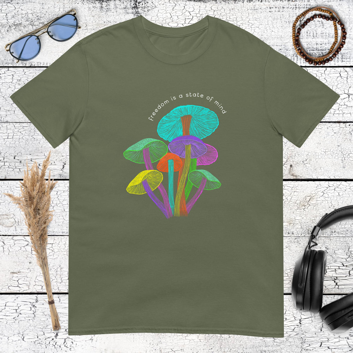 Earthy green t-shirt with trippy mushroom art and an urban spiritual message