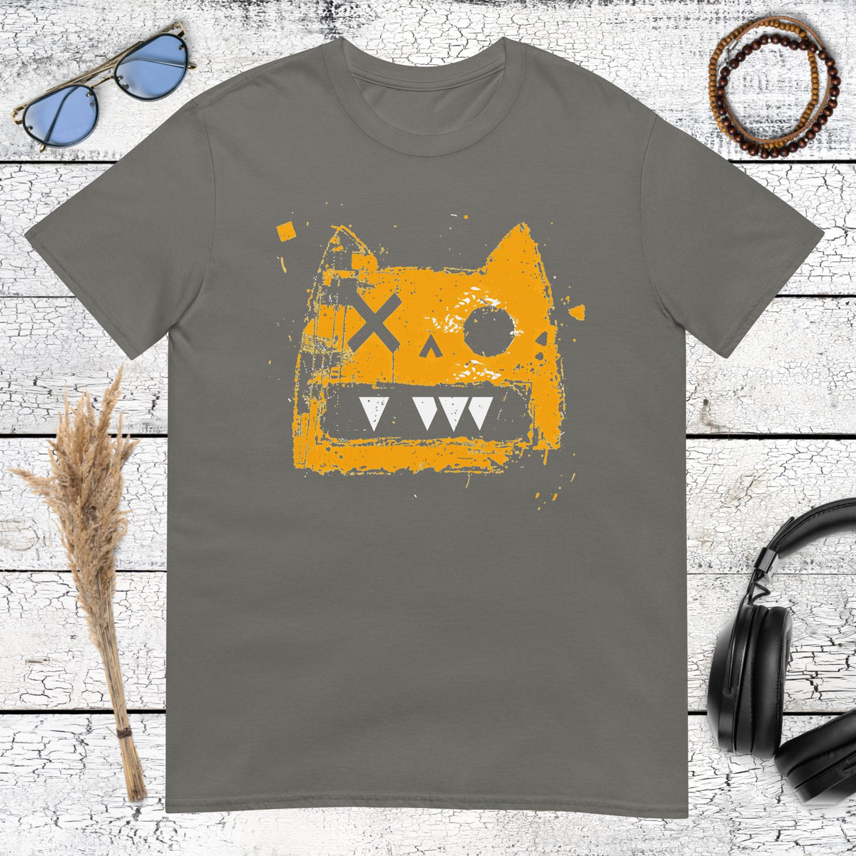 Artistic graffiti cat head with crown-like details on a charcoal grey t-shirt