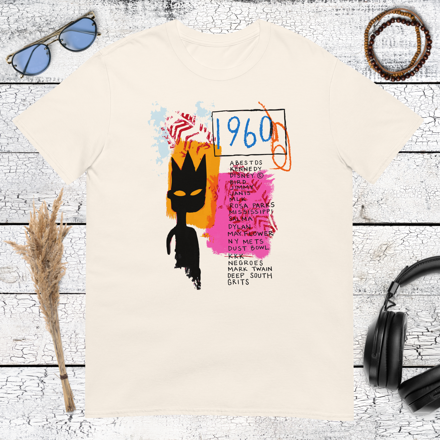 Artistic crowned portrait with expressive symbols on a natural cotton t-shirt