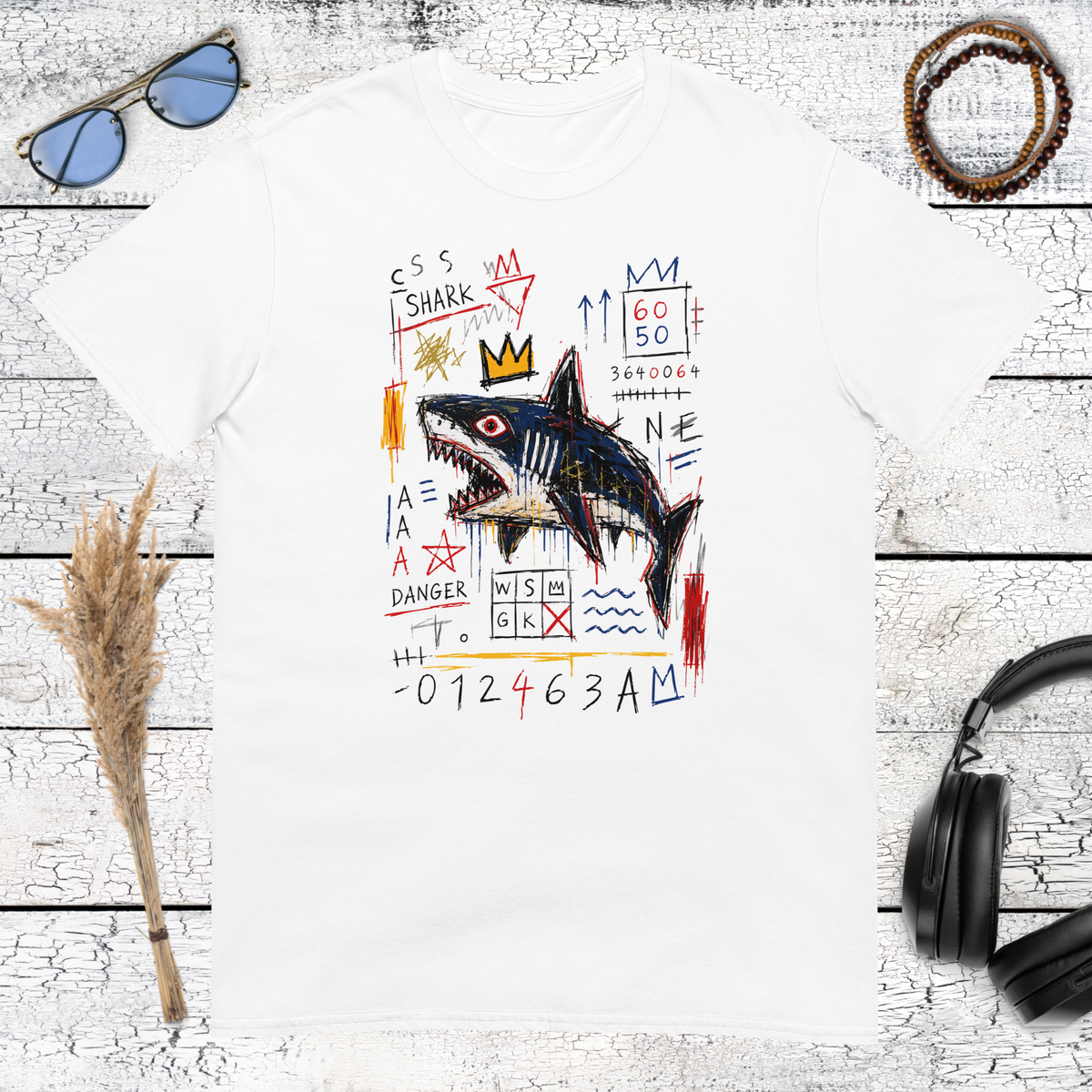 olourful Basquiat-inspired shark artwork with expressive street art symbols on a white t-shirt