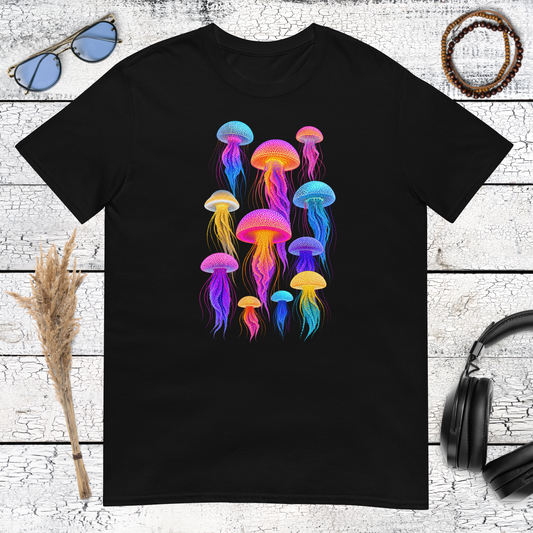 Colourful neon jellyfish graphic printed on a black t-shirt