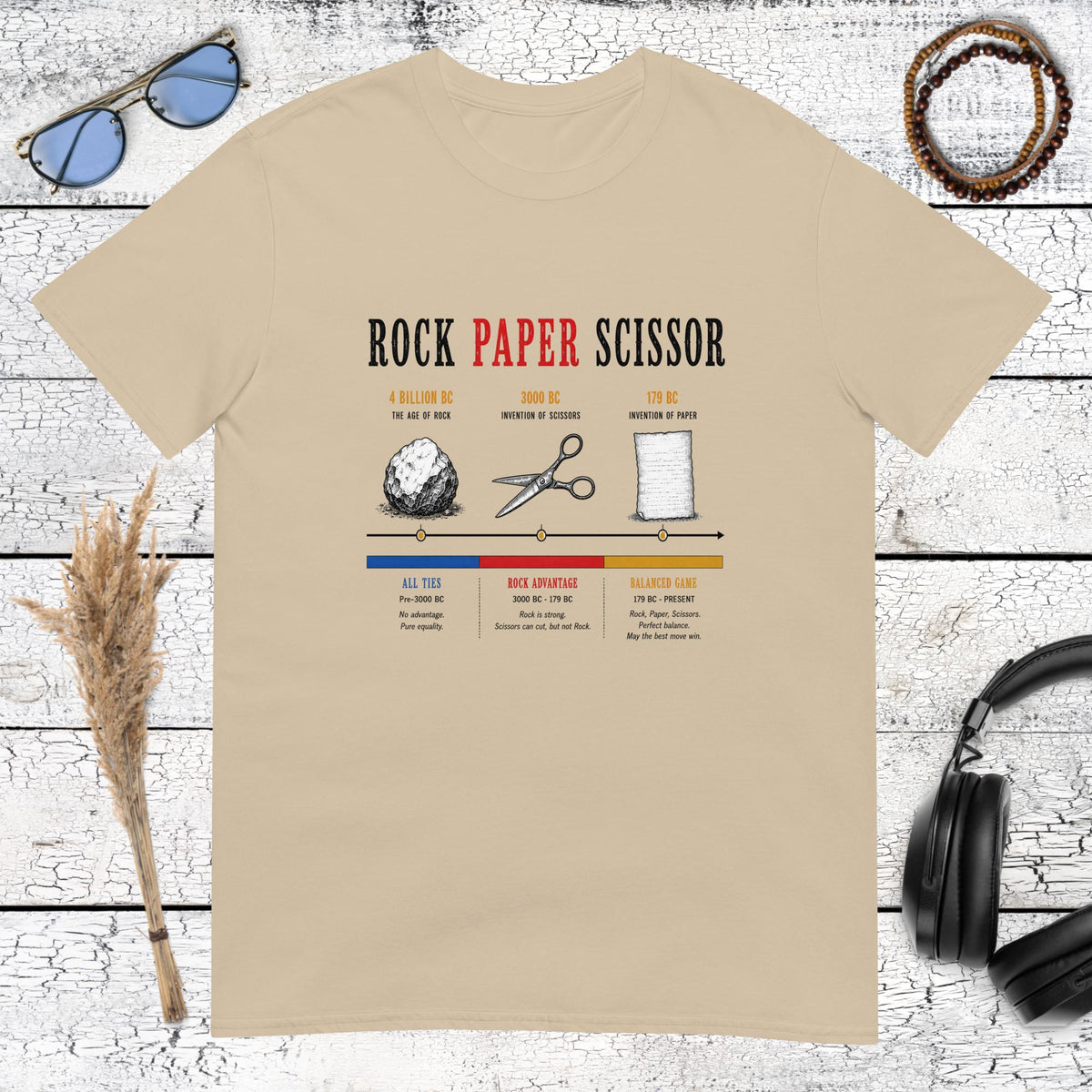Aesthetic sand coloured t-shirt featuring the lizard spock game symbols and descriptive text