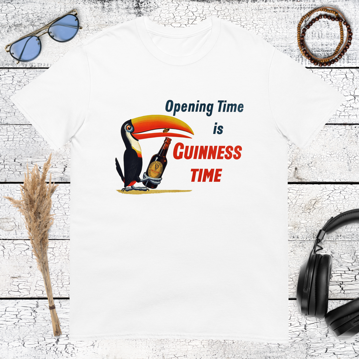 Guinness toucan and beer illustration with Opening Time Guinness Time text on a white t-shirt