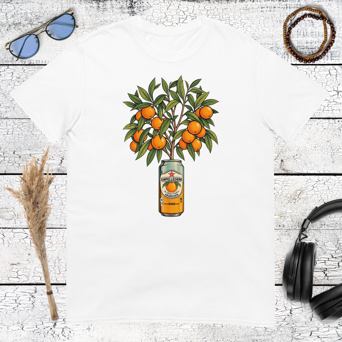 Vintage orange tree and citrus fruit artwork printed on a white t-shirt