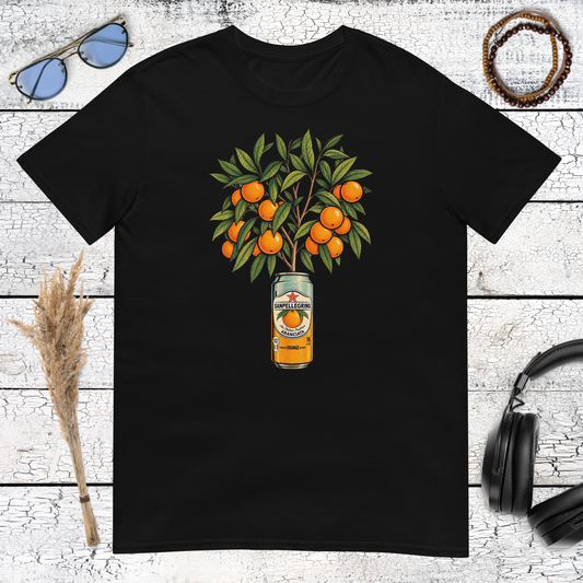 Colourful vintage orange tree and citrus fruit graphic printed on a black t-shirt