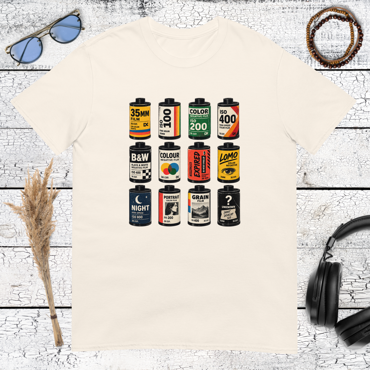 Vintage film canister graphic printed on a natural cotton t-shirt