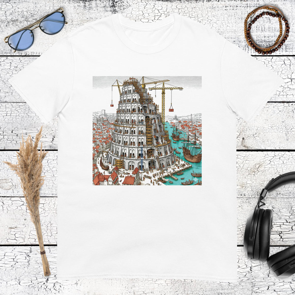 Detailed Renaissance painting of the Tower of Babel on a classic white t-shirt