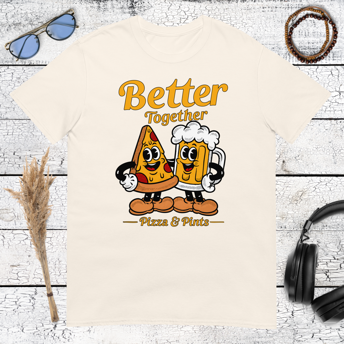 Pizza and beer illustration with Better Together text on a natural cotton t-shirt