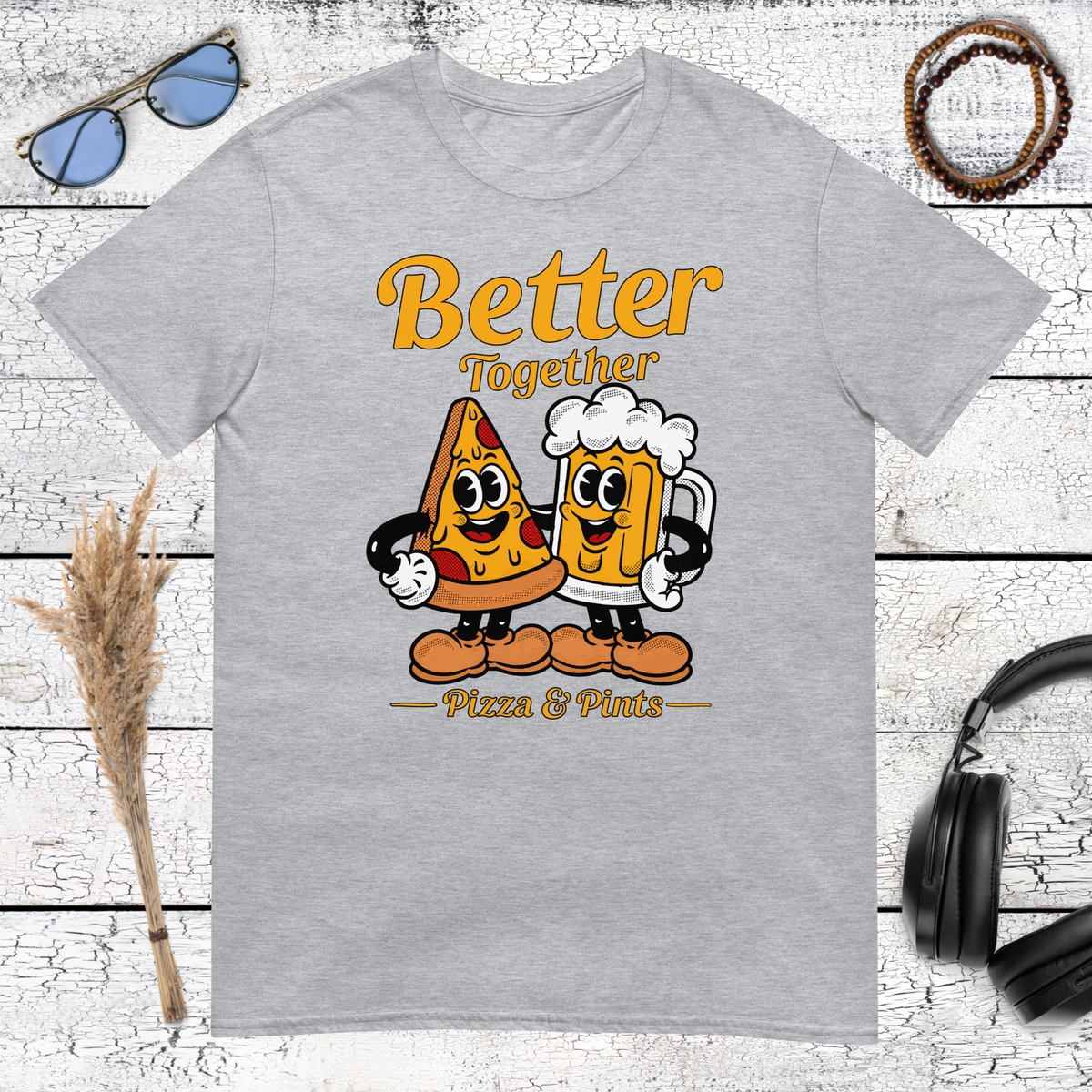 Playful pizza slice and beer glass design with Better Together text on a sport grey t-shirt