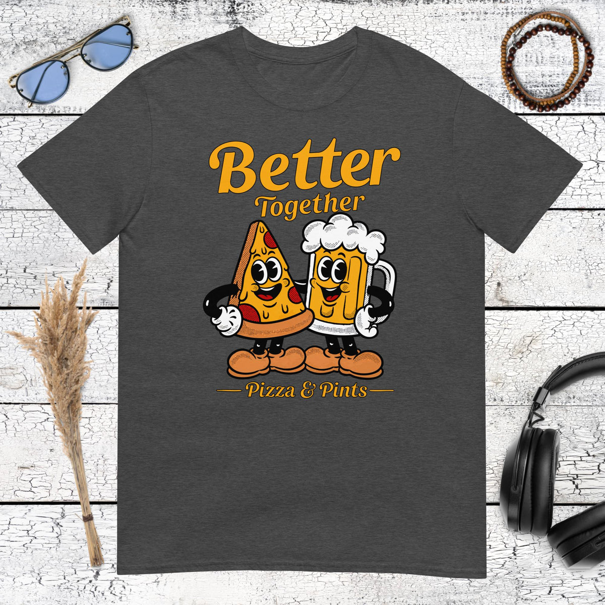 Playful pizza slice and beer glass design with Better Together text on a dark heather grey t-shirt