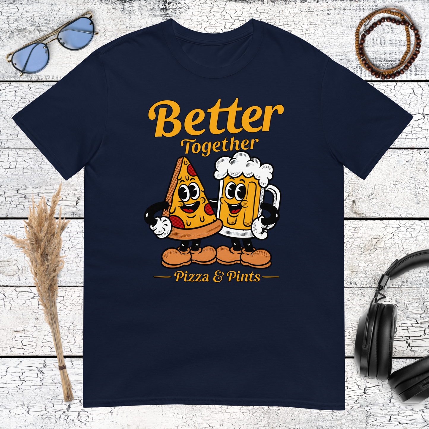 Funny pizza and beer graphic with retro typography on a navy blue t-shirt