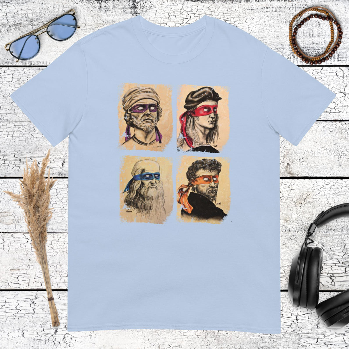 Colourful classical portrait parody featuring four ninja-inspired characters on a light blue t-shirt