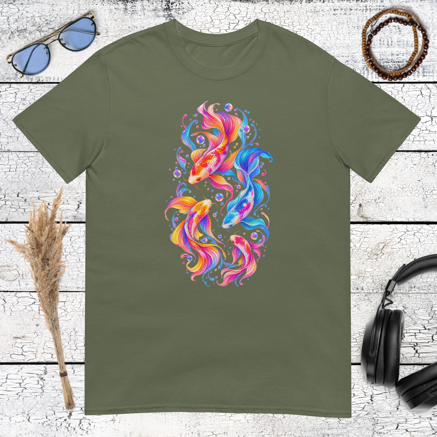 Colourful koi fish artwork printed on a military green t-shirt