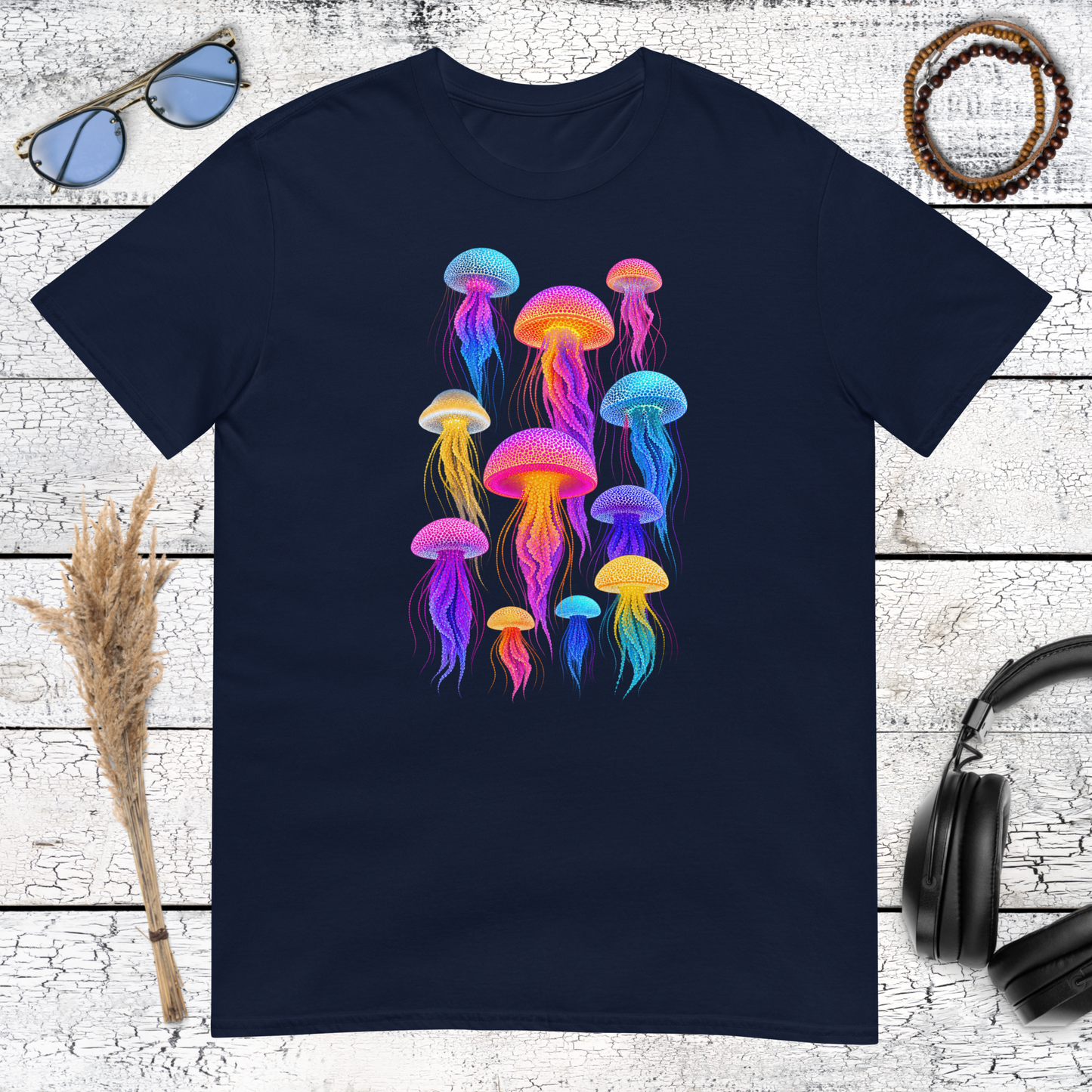 Colourful psychedelic jellyfish artwork printed on a navy blue t-shirt