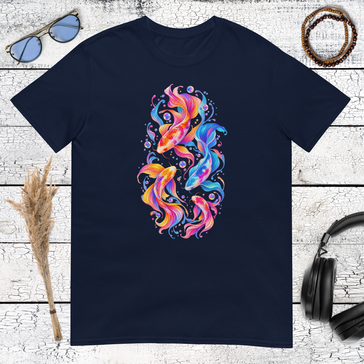 Colourful koi fish artwork printed on a navy blue t-shirt