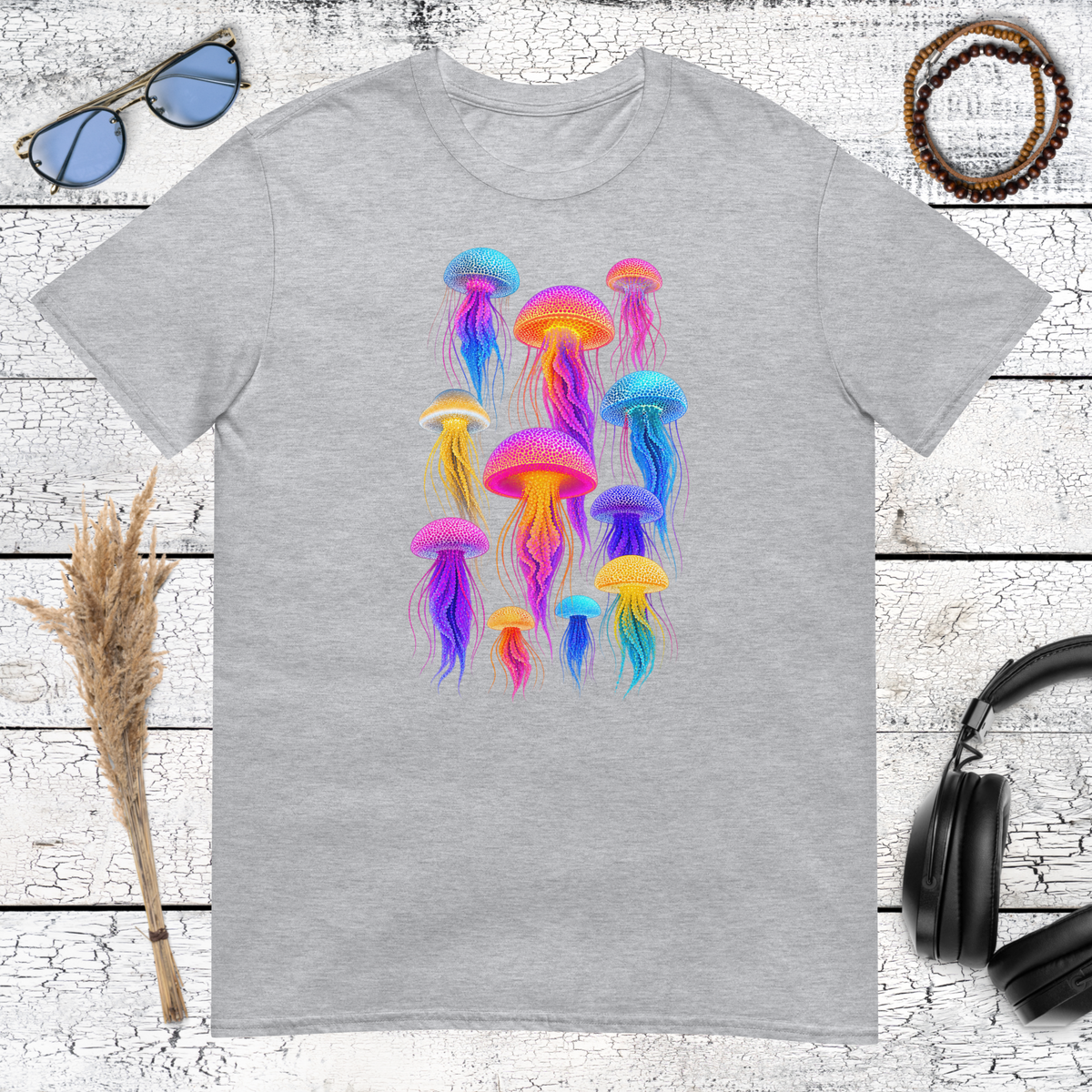 Colourful jellyfish artwork printed on a sport grey t-shirt