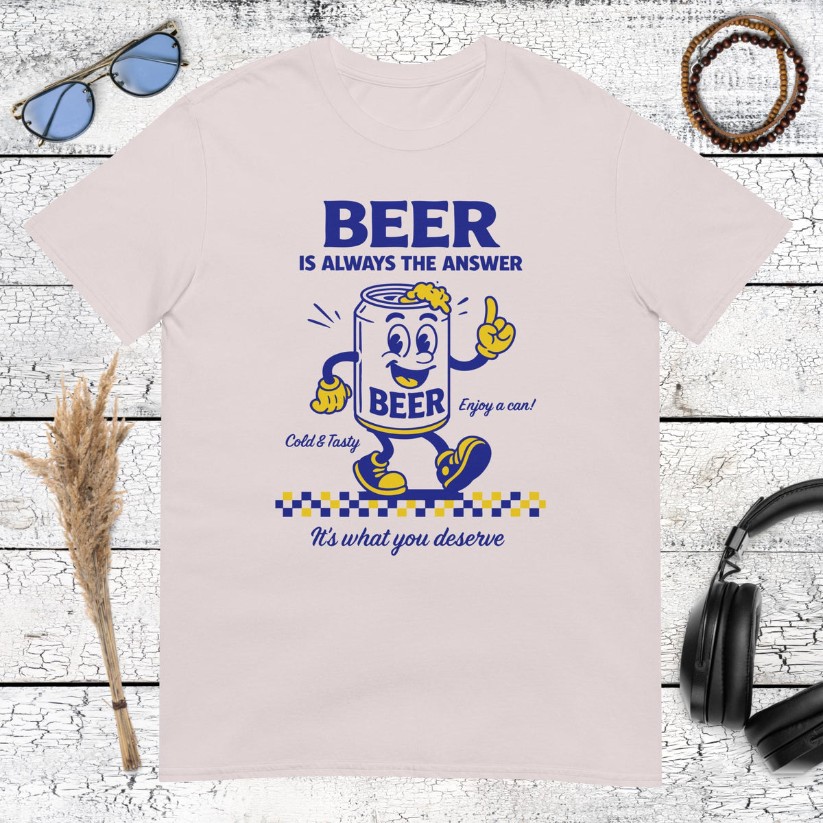 Distressed style vintage beer can cartoon on ice grey t-shirt