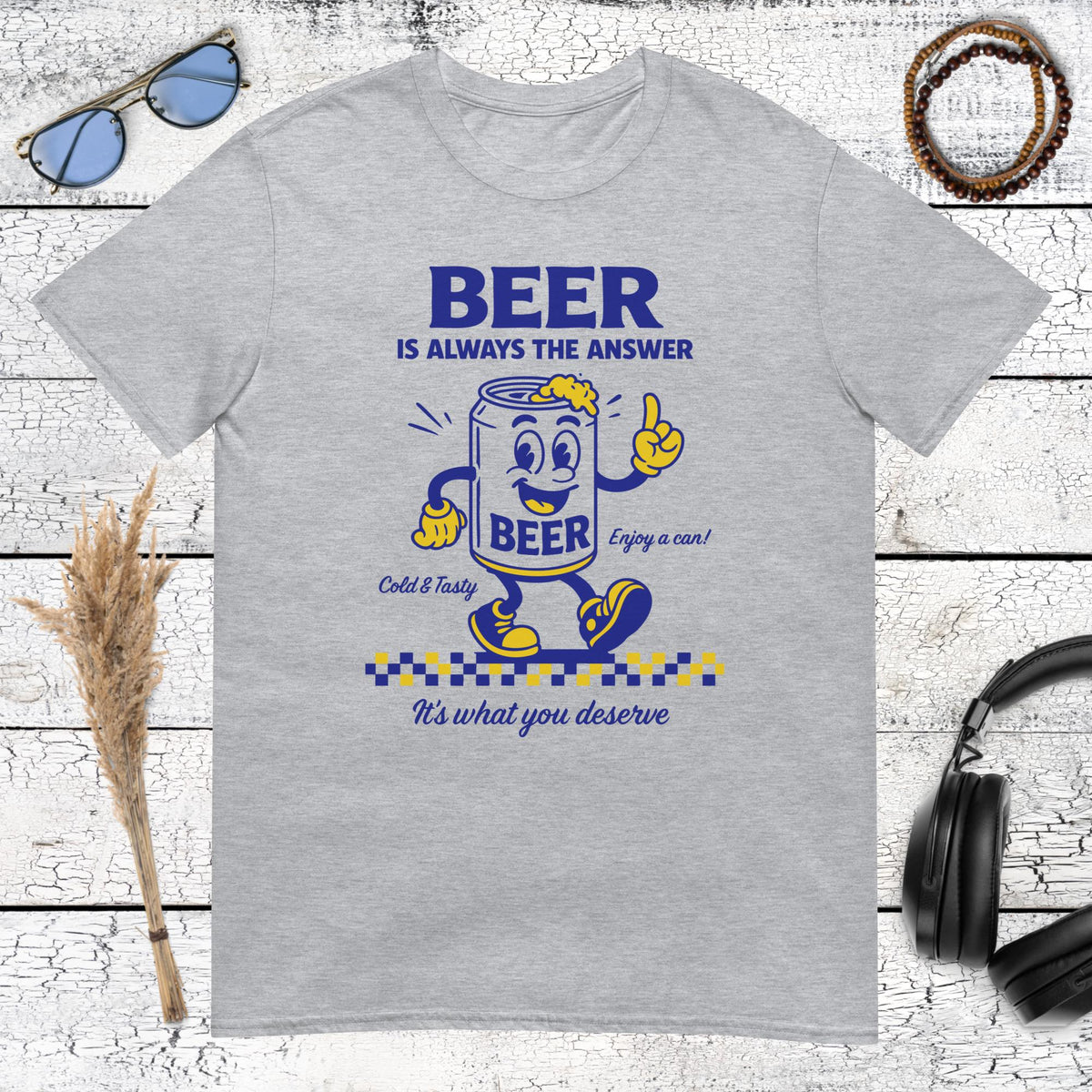 Distressed style vintage beer can cartoon on sport grey t-shirt