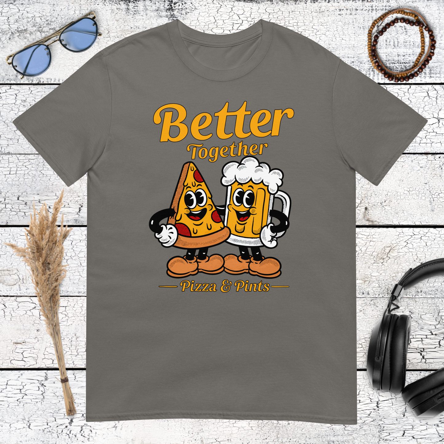 Retro food and drink artwork featuring pizza and beer on a charcoal t-shirt