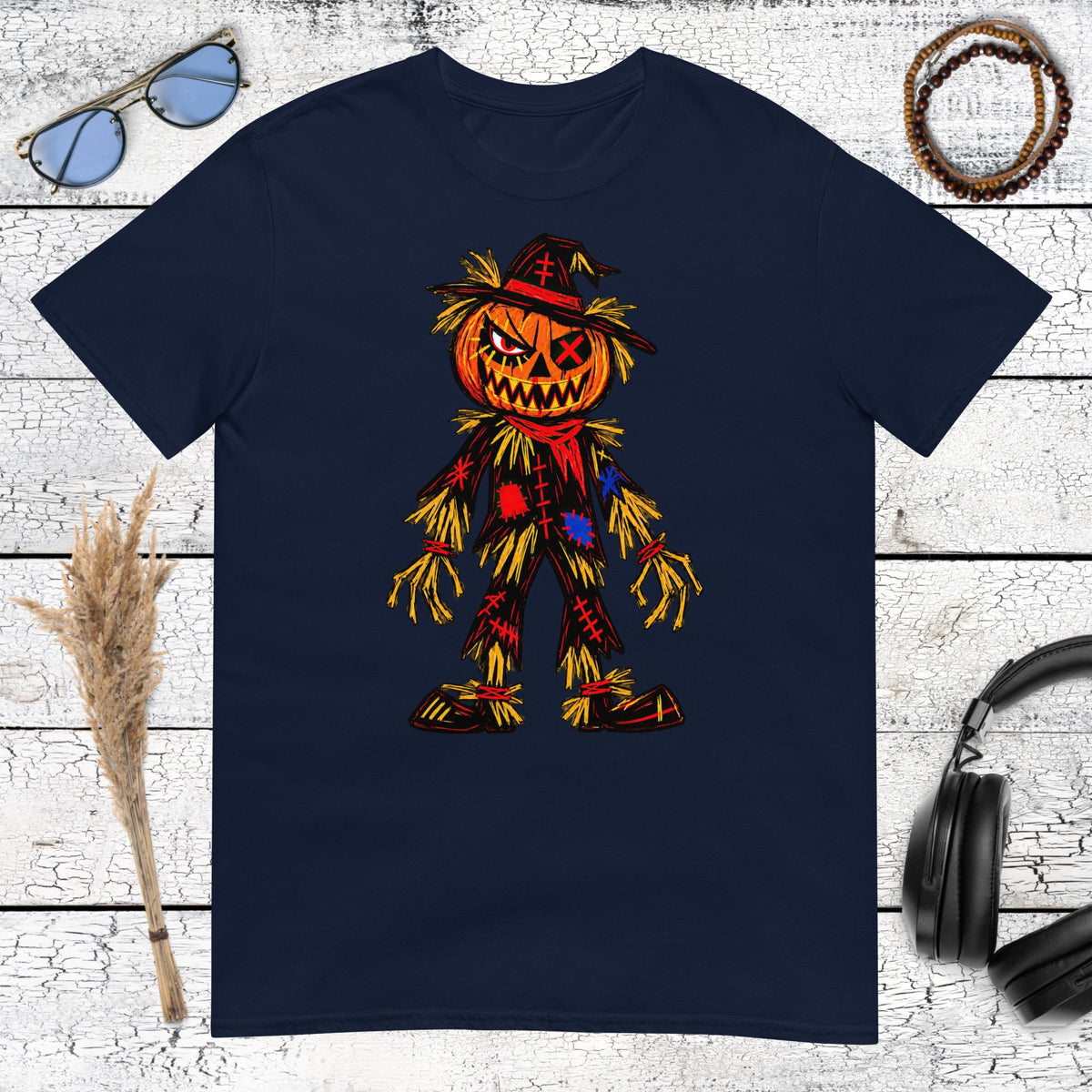 Spooky scarecrow pumpkin artwork printed on a navy blue tshirt