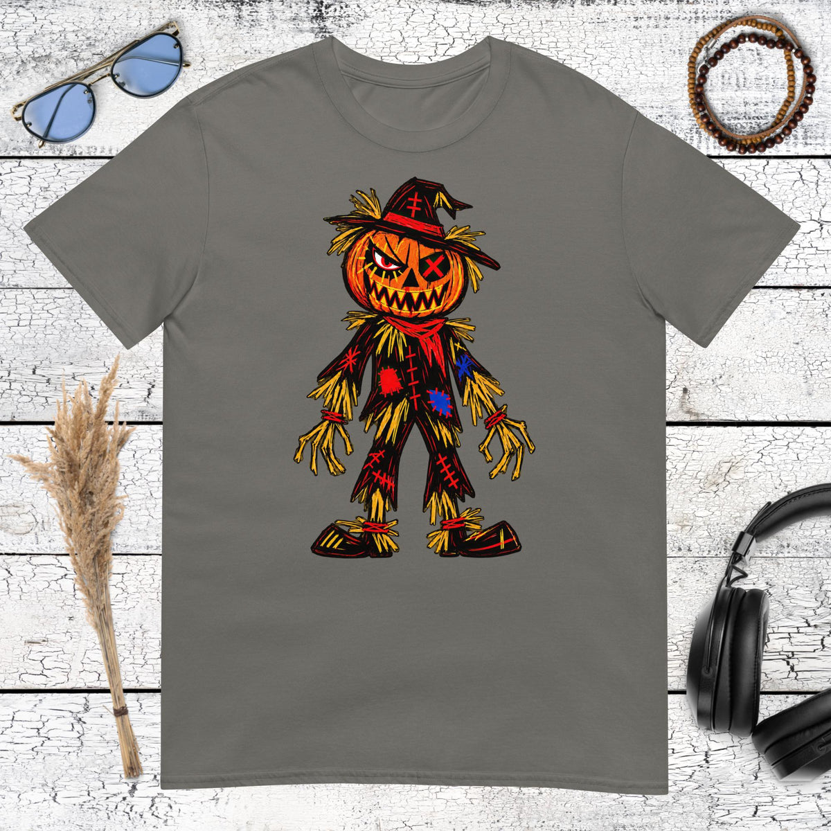 Creepy pumpkin scarecrow graphic printed on a charcoal tshirt