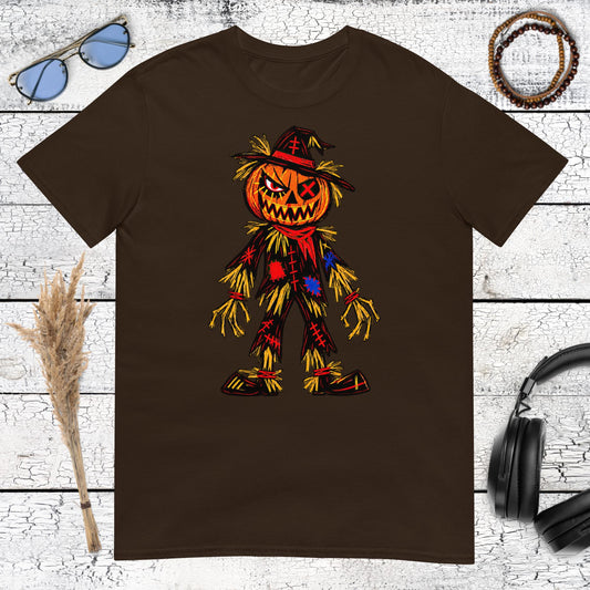 Spooky jack-o-lantern scarecrow artwork printed on a dark chocolate tshirt
