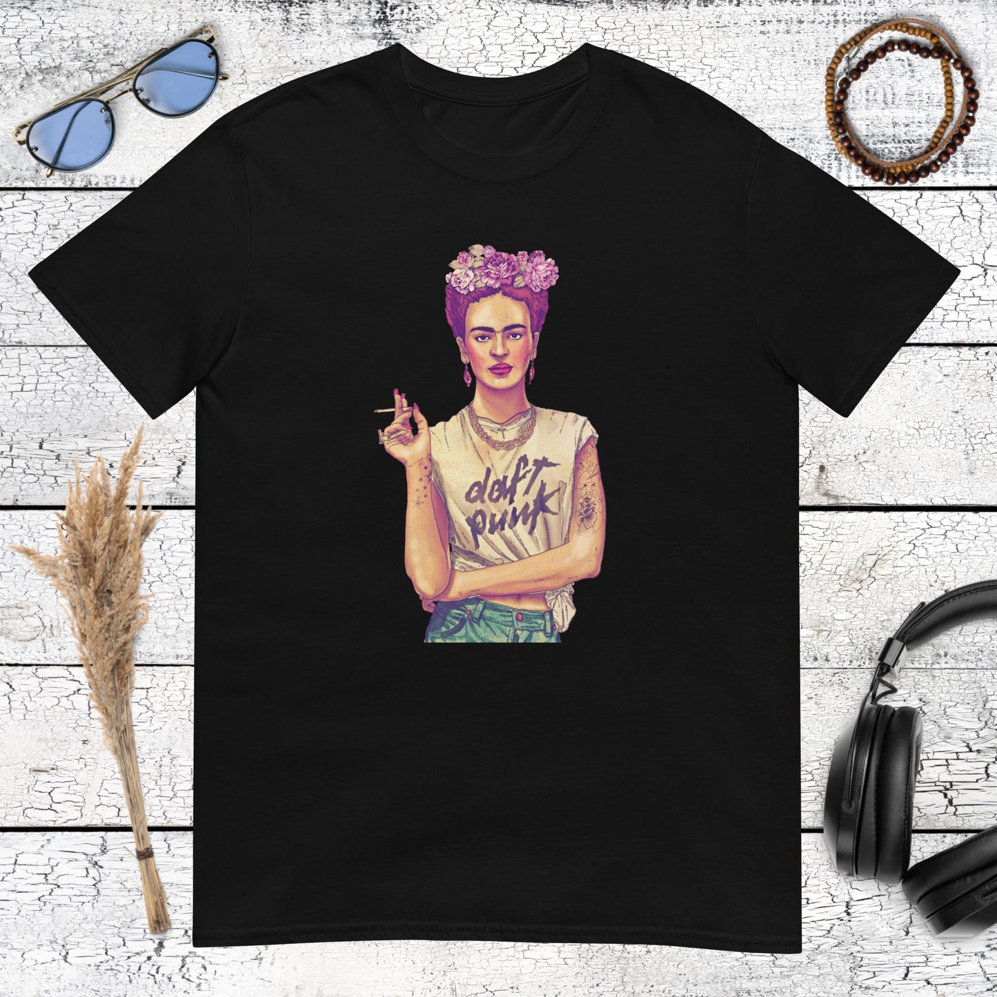 Edgy art mashup of Frida Kahlo wearing a music band shirt printed on a black t-shirt