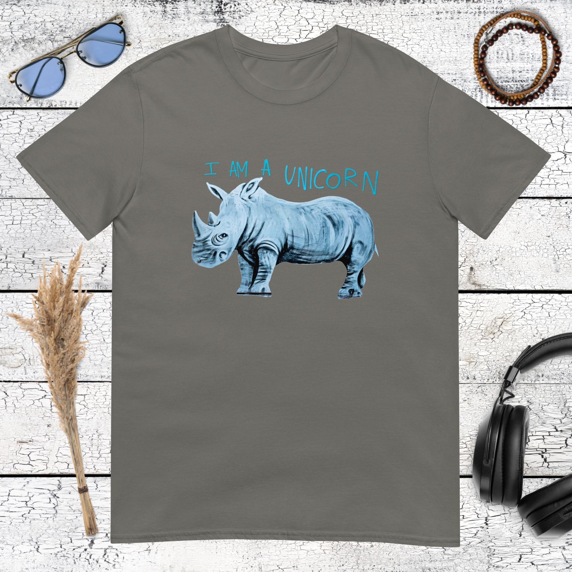 Aesthetic charcoal t-shirt featuring a funny rhinoceros and blue handwritten quote