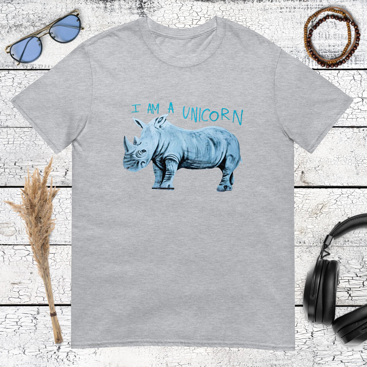 Aesthetic sport grey t-shirt featuring a funny rhinoceros and blue handwritten quote