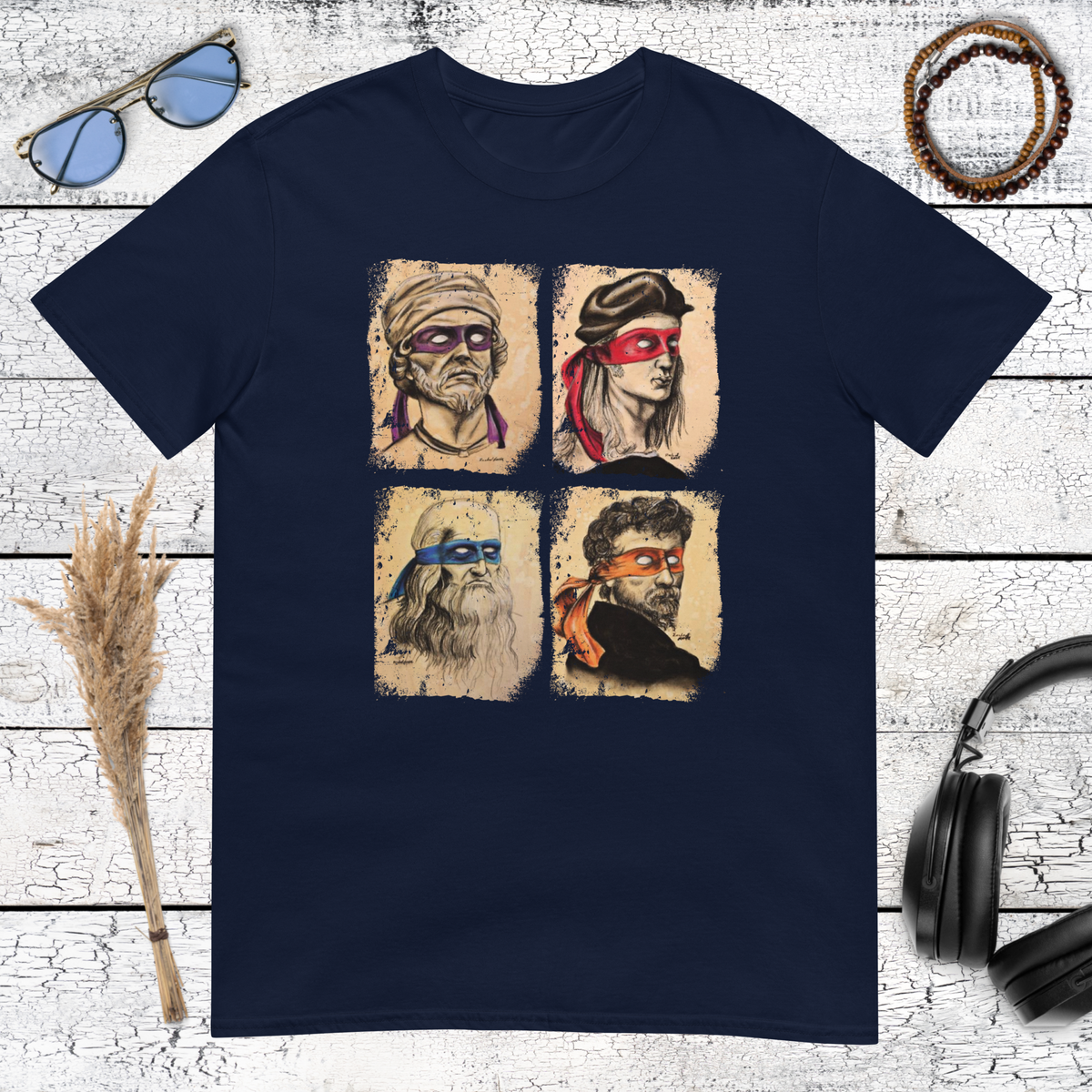 Vintage classical art parody with four ninja-inspired portraits on a navy blue t-shirt
