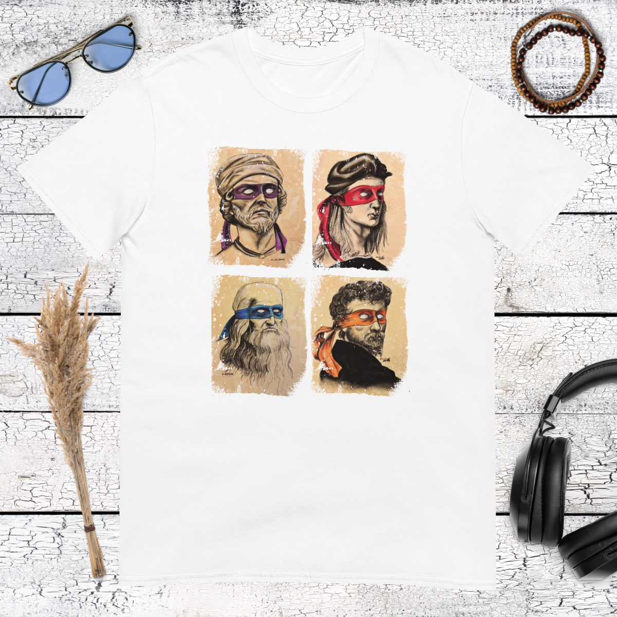 Detailed funny Renaissance portrait collage with masked figures on a white t-shirt